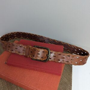Vintage leather belt, woven notched tan belt, braiding detail size s/m